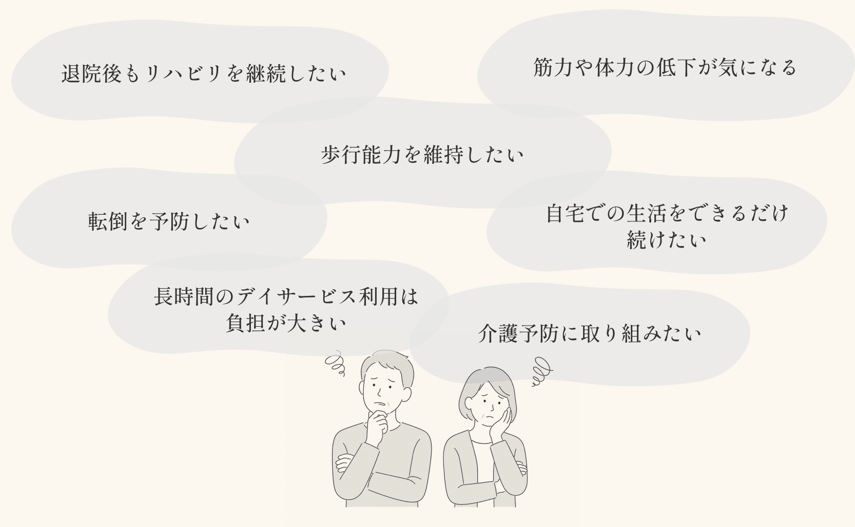 退院後もリハビリを継続したい、筋力や体力の低下が気になる、歩行能力を維持したい、転倒を予防したい、自宅での生活をできるだけ続けたい、長時間のデイサービス利用は負担が大きい、介護予防に取り組みたい