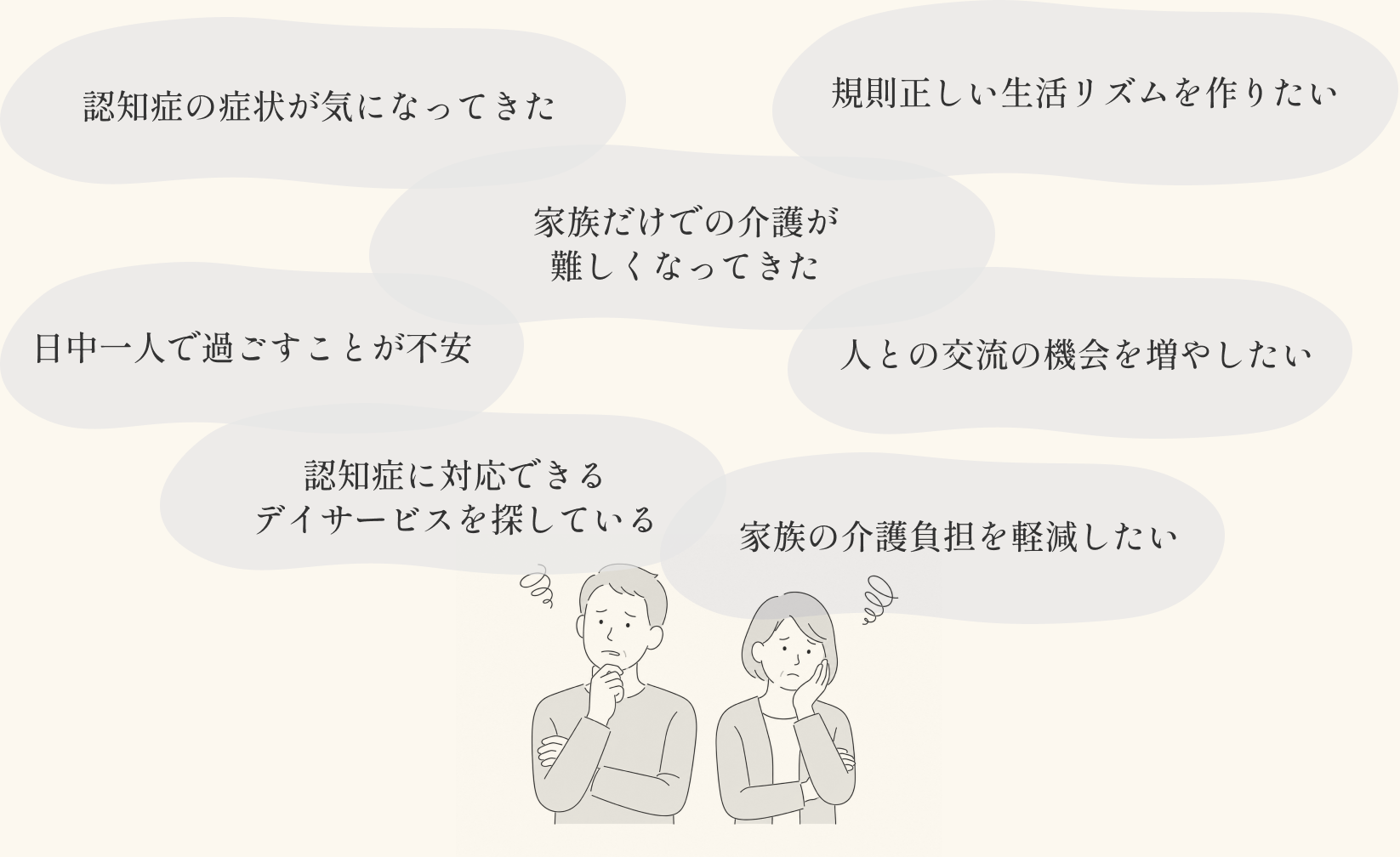 認知症の症状が気になってきた、規則正しい生活リズムを作りたい、家族だけでの介護が難しくなってきた、日中一人で過ごすことが不安、人との交流の機会を増やしたい、認知症に対応できるデイサービスを探している、家族の介護負担を軽減したい