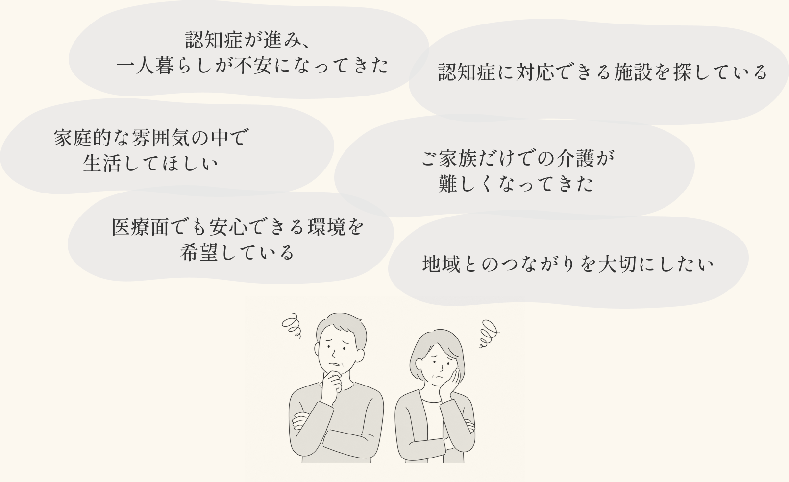 認知症が進み、一人暮らしが不安になってきた、認知症に対応できる施設を探している、家庭的な雰囲気の中で生活してほしい、ご家族だけでの介護が難しくなってきた、医療面でも安心できる環境を希望している、地域とのつながりを大切にしたい