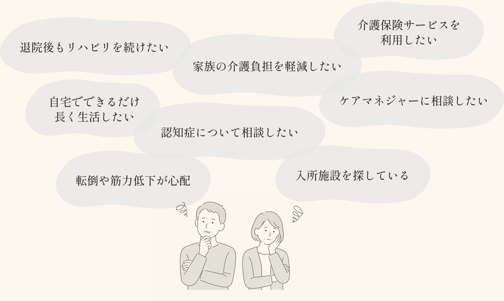 退院後もリハビリを続けたい、家族の介護負担を軽減したい、介護保険サービスを利用したい、自宅でできるだけ長く生活したい、ケアマネジャーに相談したい、認知症について相談したい、転倒や筋力低下が心配、入所施設を探している