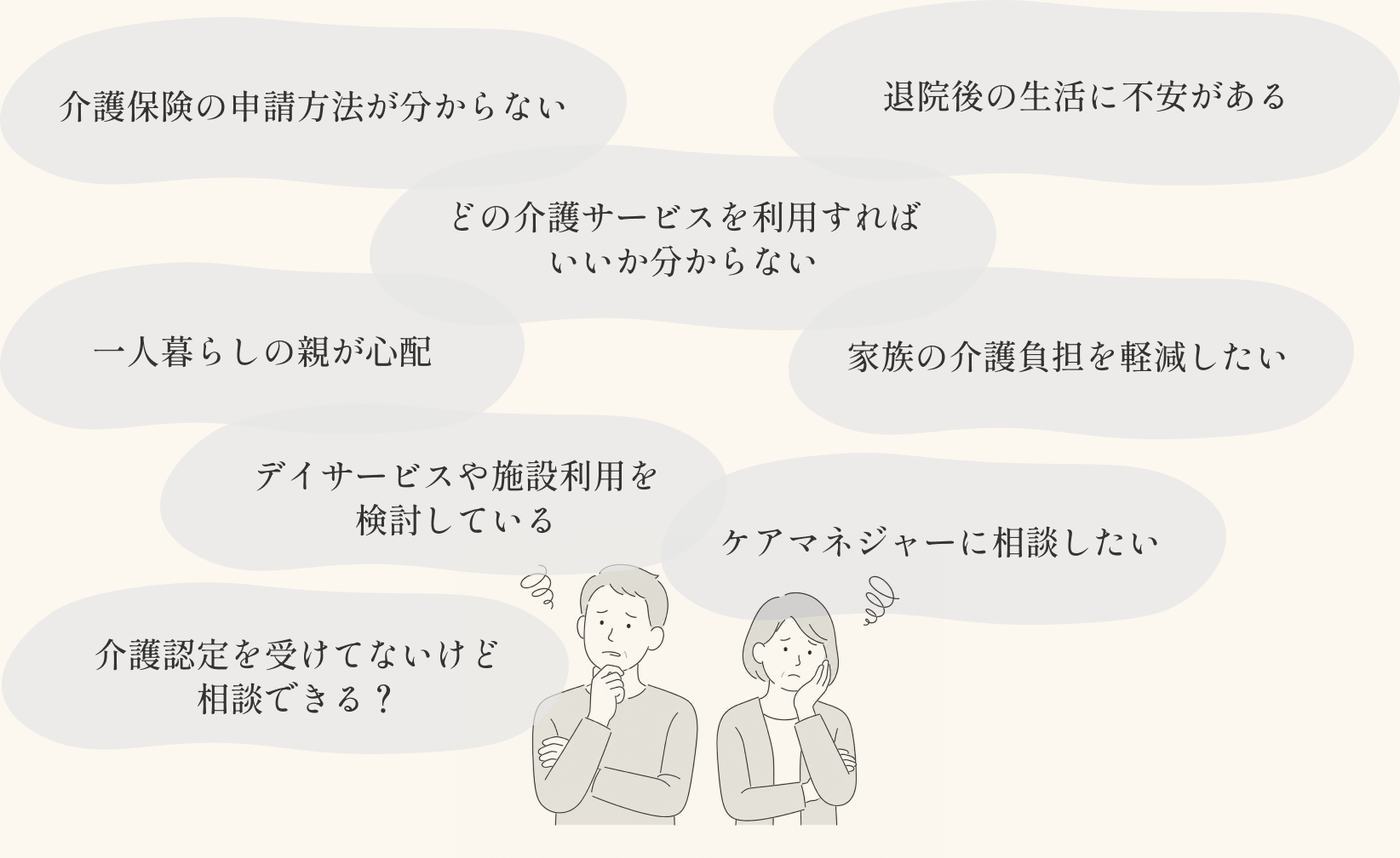 介護保険の申請方法が分からない、退院後の生活に不安がある、どの介護サービスを利用すればいいか分からない、一人暮らしの親が心配、家族の介護負担を軽減したい、デイサービスや施設利用を検討している、ケアマネジャーに相談したい、介護認定を受けてないけど相談できる？